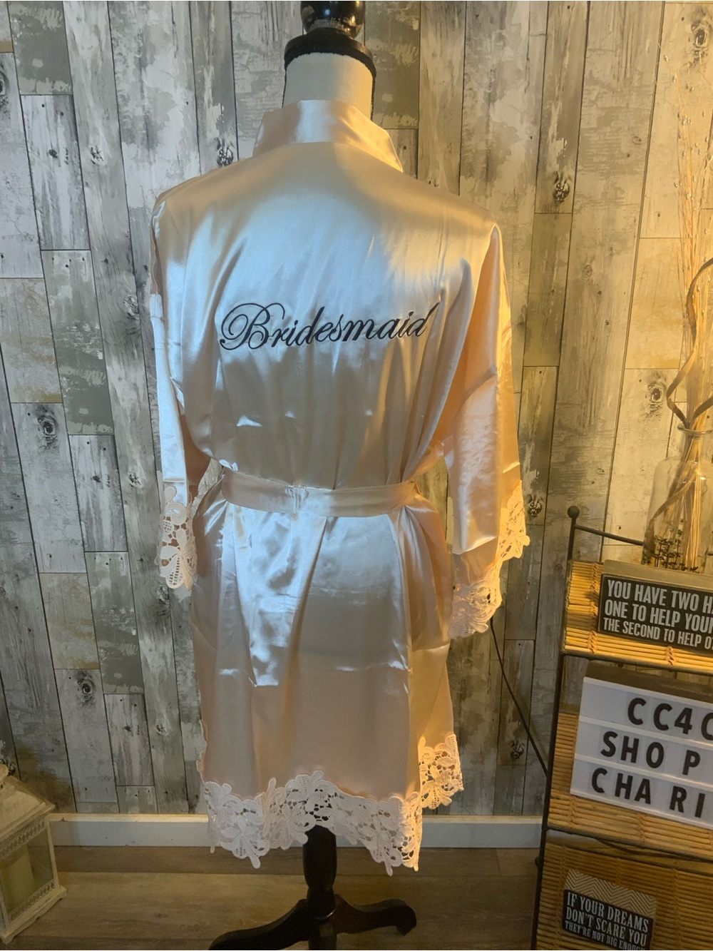 Unk Champagne Satin Bridesmaid Robe with Lace Trim